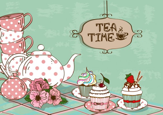 Illustration with still life of tea set and cupcakes